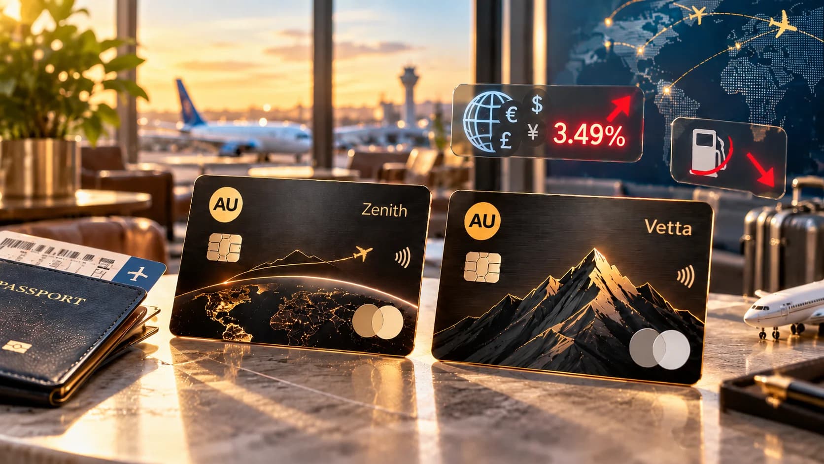 AU Zenith and Vetta credit cards devalued forex markup 3.49 percent fuel surcharge waiver capped